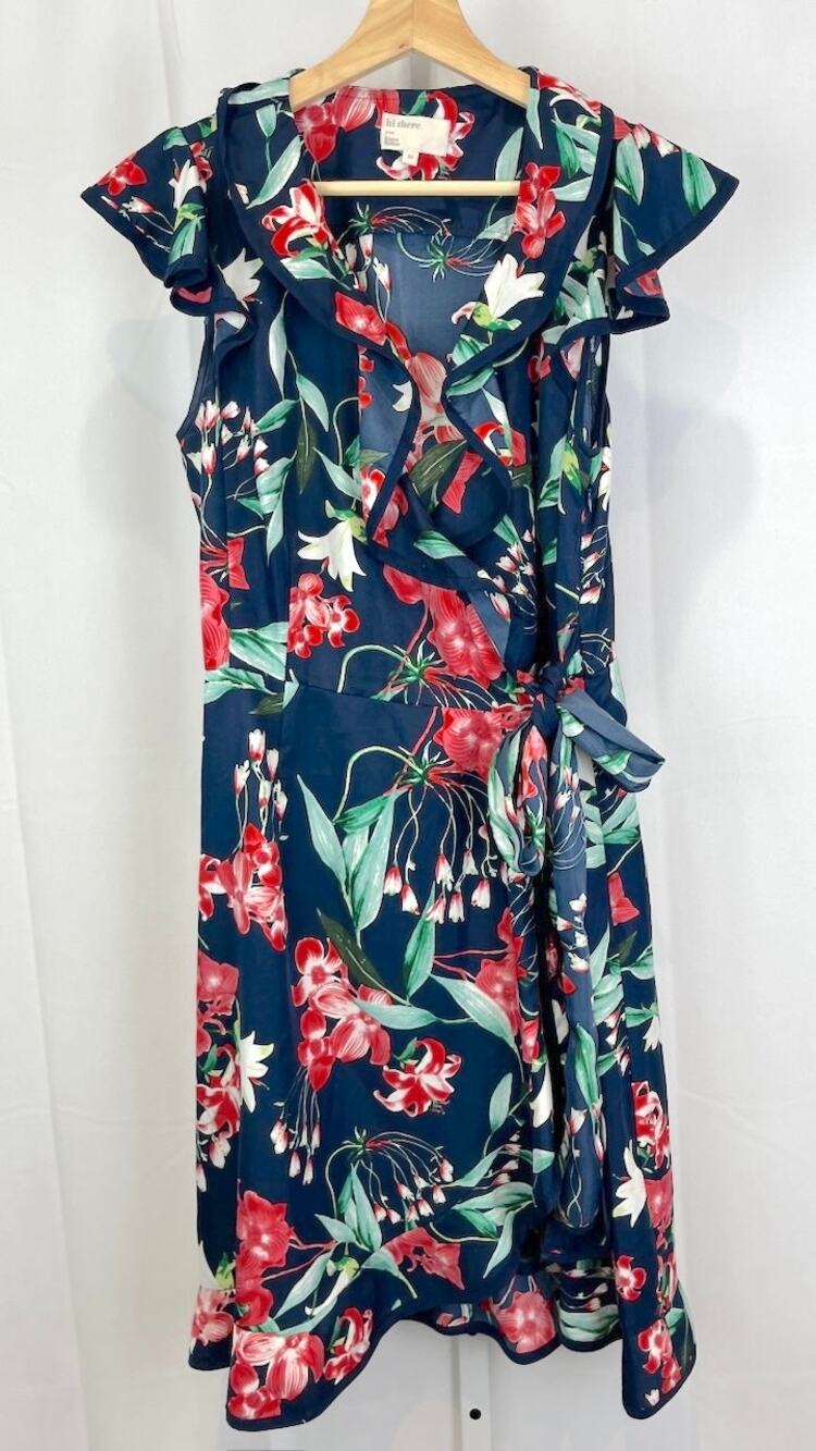 KAREN WALKER Hi There Sz 10 Anthropologie Hibiscus Floral Wrap Dress Blue Multi